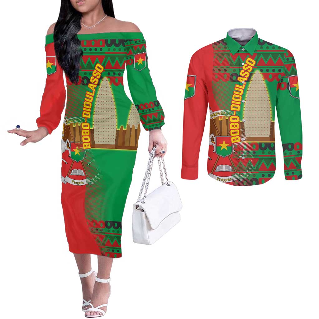 Burkina Faso Couples Matching Off The Shoulder Long Sleeve Dress and Long Sleeve Button Shirt with Red Green Tribal Design and Bobo Dioulasso Landmark - Wonder Print Shop