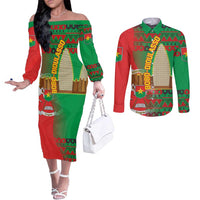 Burkina Faso Couples Matching Off The Shoulder Long Sleeve Dress and Long Sleeve Button Shirt with Red Green Tribal Design and Bobo Dioulasso Landmark - Wonder Print Shop