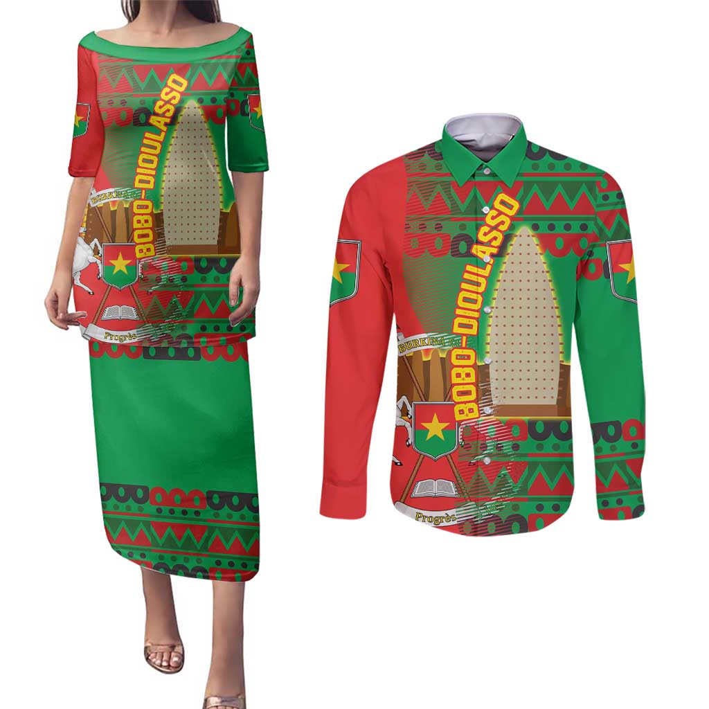 Burkina Faso Couples Matching Puletasi and Long Sleeve Button Shirt with Red Green Tribal Design and Bobo Dioulasso Landmark - Wonder Print Shop