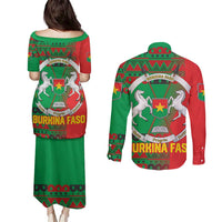 Burkina Faso Couples Matching Puletasi and Long Sleeve Button Shirt with Red Green Tribal Design and Bobo Dioulasso Landmark - Wonder Print Shop