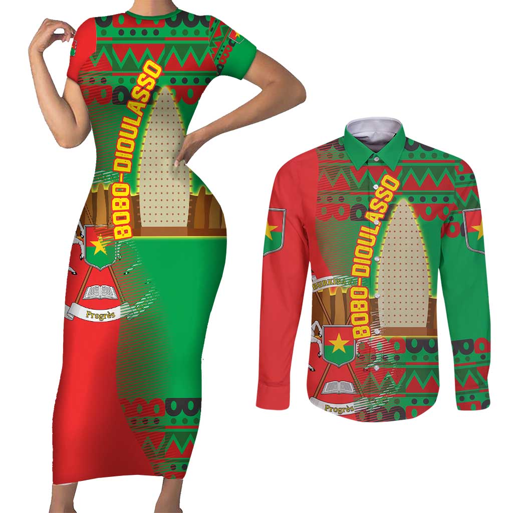 Burkina Faso Couples Matching Short Sleeve Bodycon Dress and Long Sleeve Button Shirt with Red Green Tribal Design and Bobo Dioulasso Landmark - Wonder Print Shop