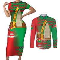 Burkina Faso Couples Matching Short Sleeve Bodycon Dress and Long Sleeve Button Shirt with Red Green Tribal Design and Bobo Dioulasso Landmark - Wonder Print Shop
