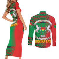 Burkina Faso Couples Matching Short Sleeve Bodycon Dress and Long Sleeve Button Shirt with Red Green Tribal Design and Bobo Dioulasso Landmark - Wonder Print Shop