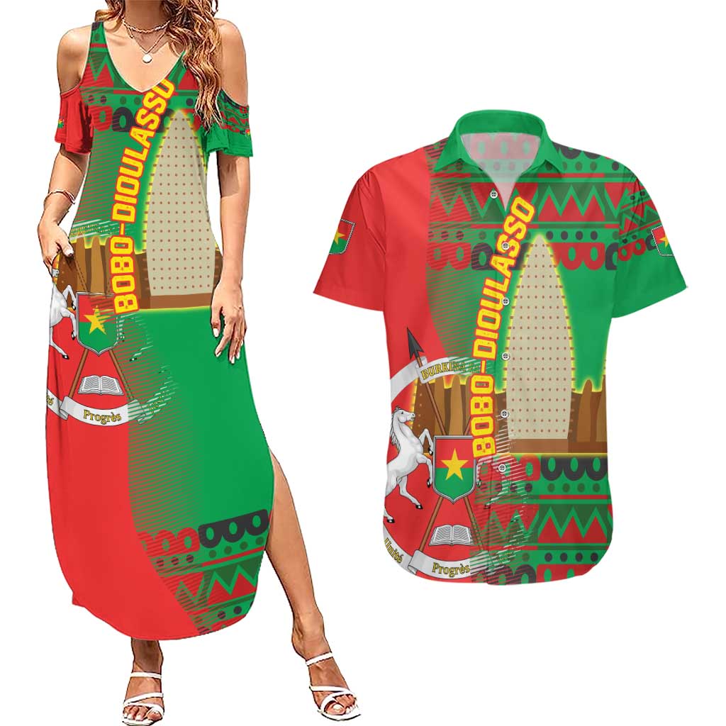 Burkina Faso Couples Matching Summer Maxi Dress and Hawaiian Shirt with Red Green Tribal Design and Bobo Dioulasso Landmark - Wonder Print Shop