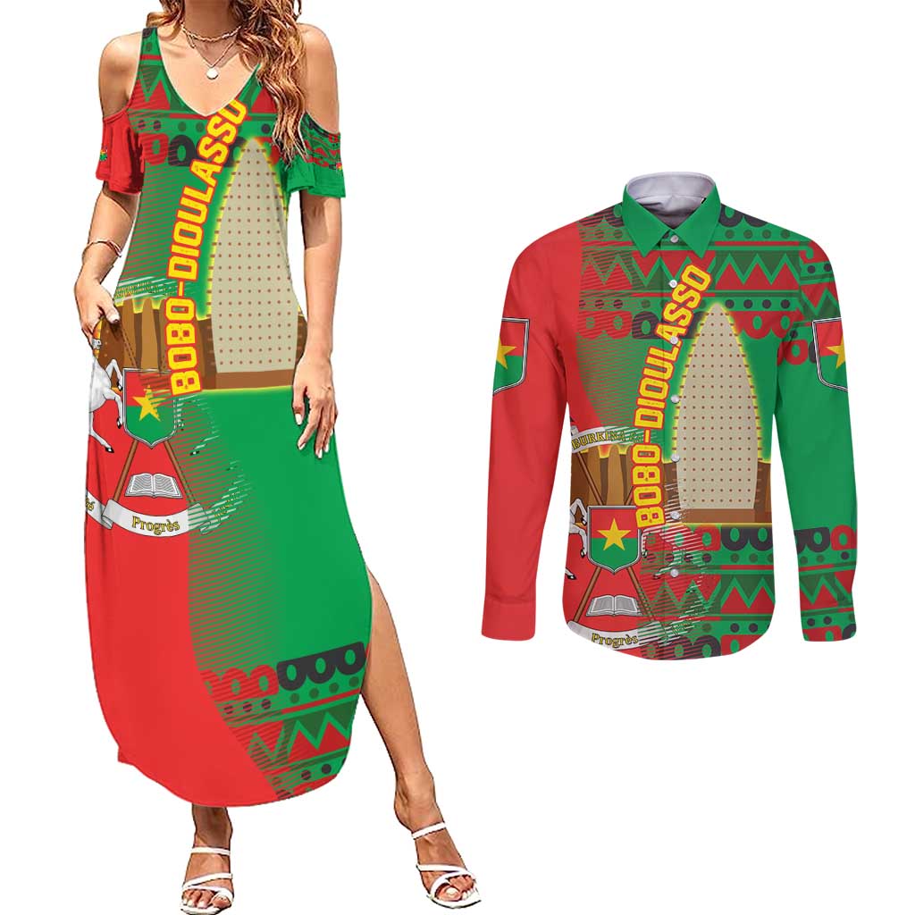 Burkina Faso Couples Matching Summer Maxi Dress and Long Sleeve Button Shirt with Red Green Tribal Design and Bobo Dioulasso Landmark - Wonder Print Shop
