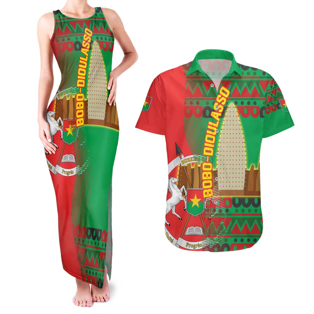 Burkina Faso Couples Matching Tank Maxi Dress and Hawaiian Shirt with Red Green Tribal Design and Bobo Dioulasso Landmark - Wonder Print Shop
