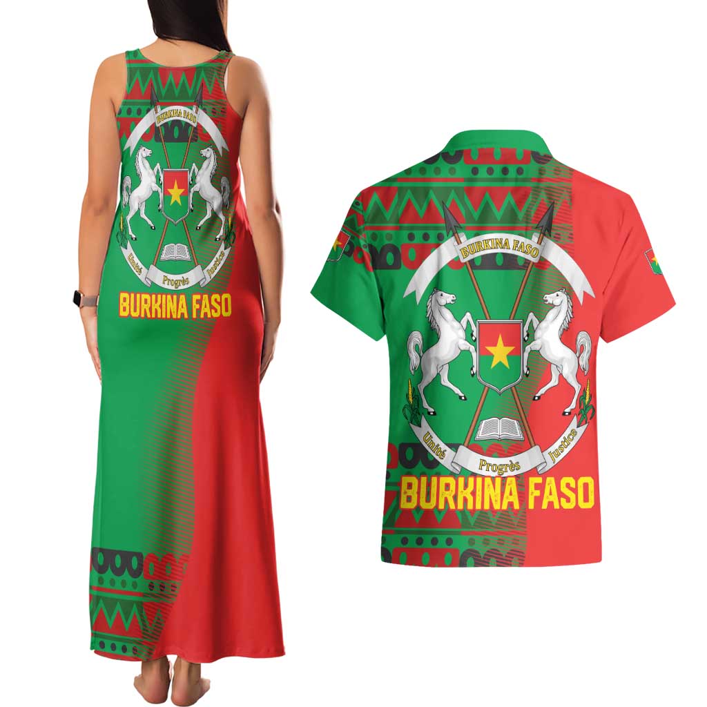 Burkina Faso Couples Matching Tank Maxi Dress and Hawaiian Shirt with Red Green Tribal Design and Bobo Dioulasso Landmark - Wonder Print Shop