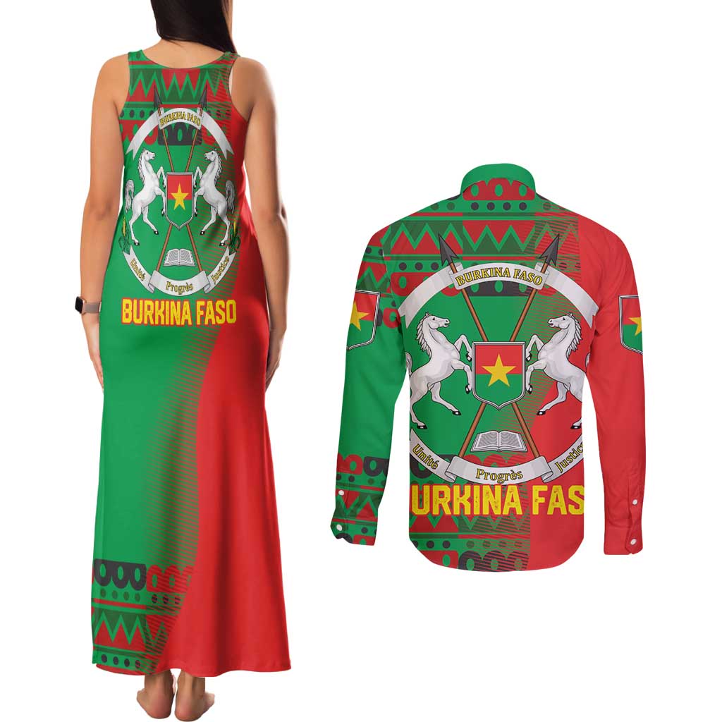 Burkina Faso Couples Matching Tank Maxi Dress and Long Sleeve Button Shirt with Red Green Tribal Design and Bobo Dioulasso Landmark - Wonder Print Shop