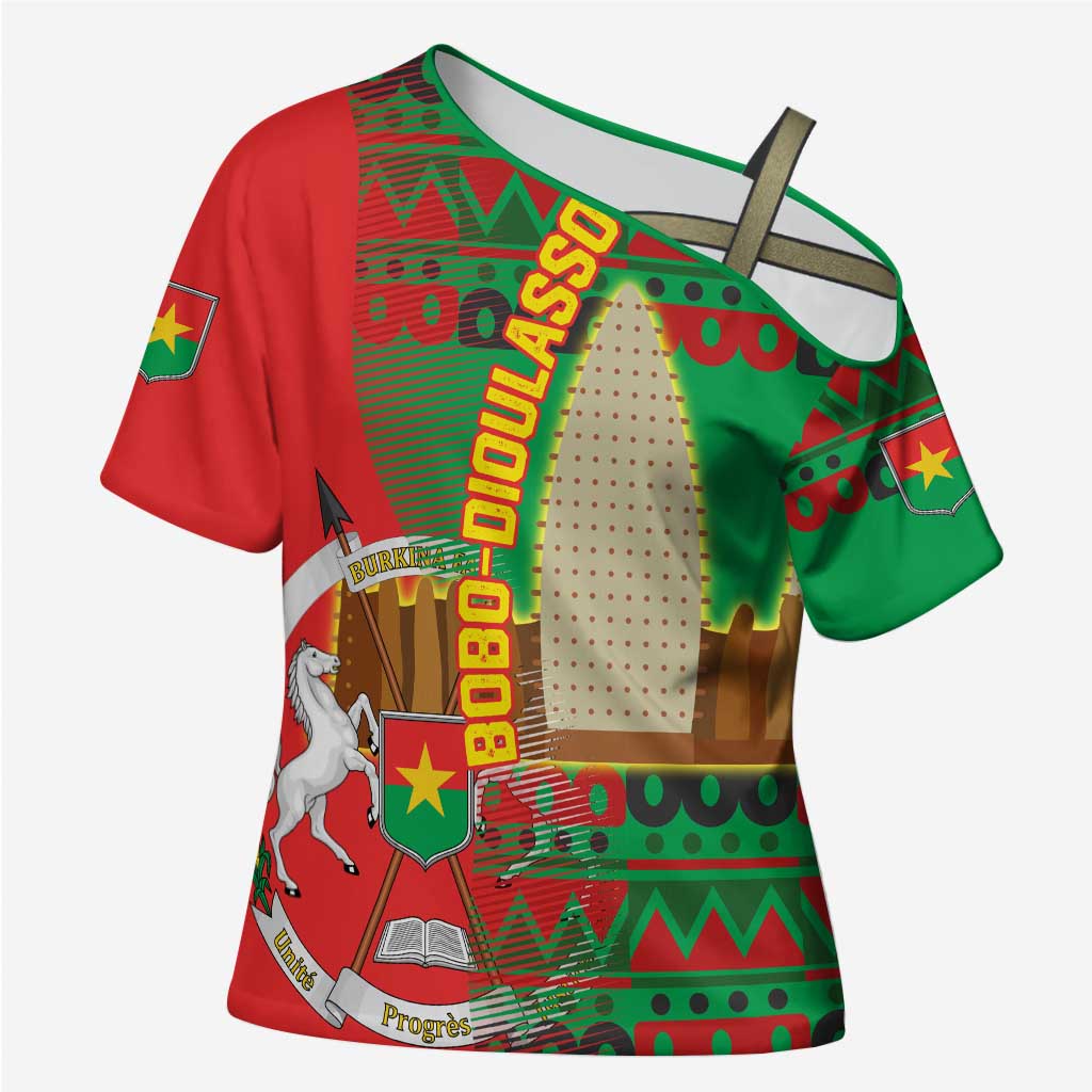 Burkina Faso Cross Shoulder Shirt with Red Green Tribal Design and Bobo Dioulasso Landmark - Wonder Print Shop