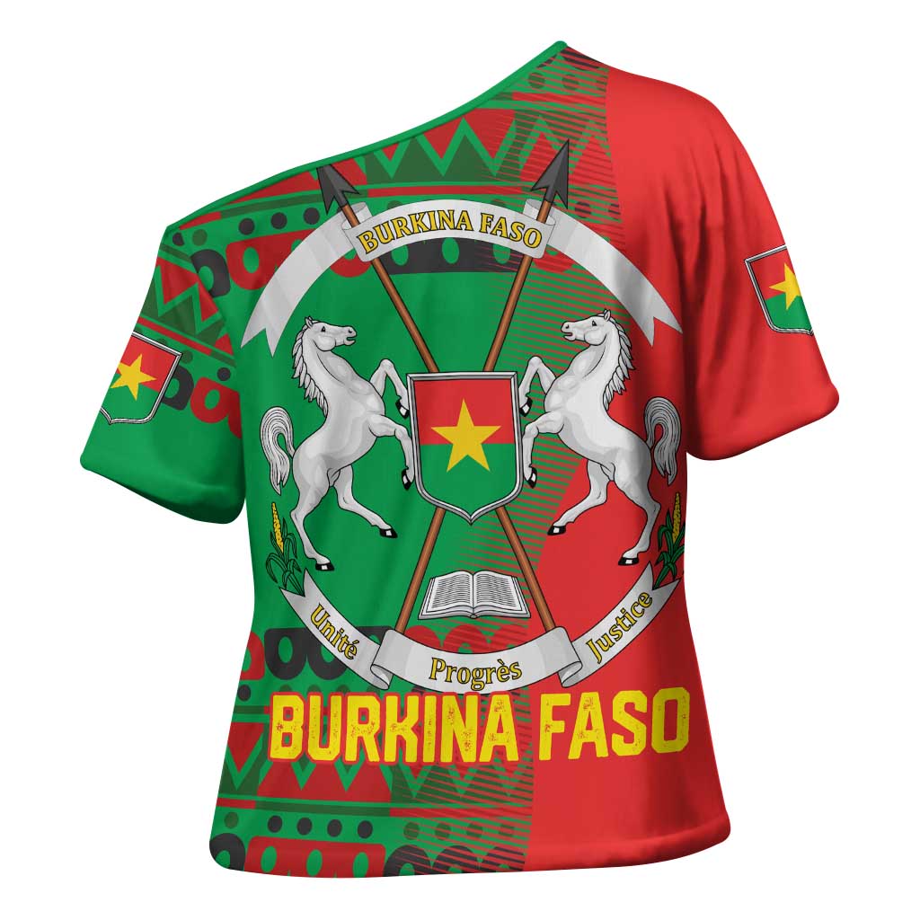 Burkina Faso Cross Shoulder Shirt with Red Green Tribal Design and Bobo Dioulasso Landmark - Wonder Print Shop