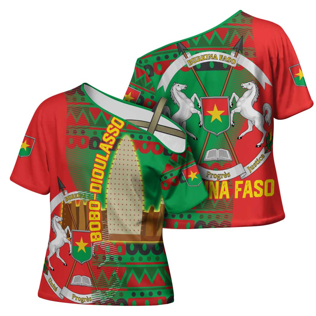 Burkina Faso Cross Shoulder Shirt with Red Green Tribal Design and Bobo Dioulasso Landmark - Wonder Print Shop
