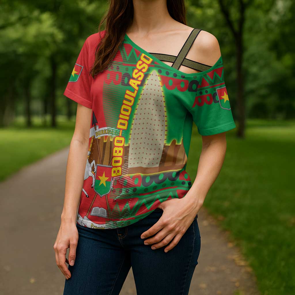 Burkina Faso Cross Shoulder Shirt with Red Green Tribal Design and Bobo Dioulasso Landmark - Wonder Print Shop