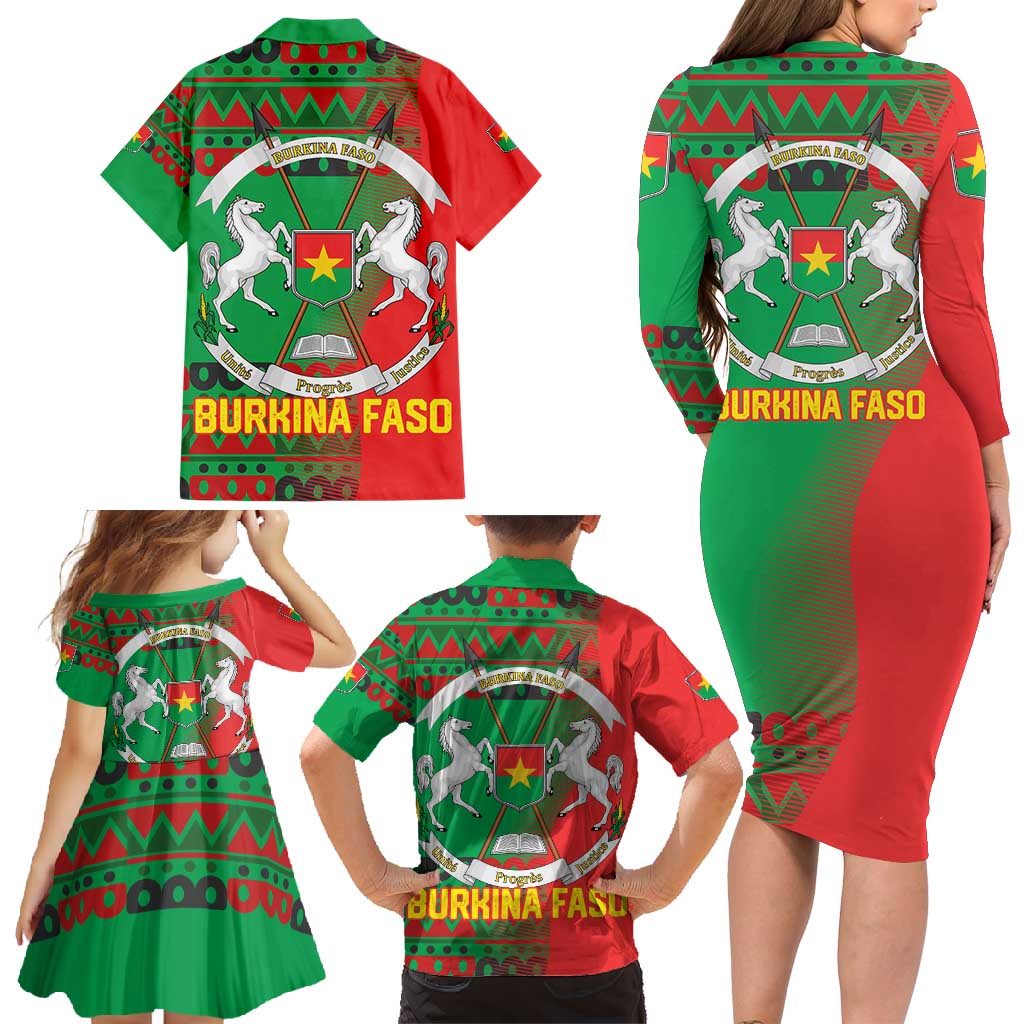 Burkina Faso Family Matching Long Sleeve Bodycon Dress and Hawaiian Shirt with Red Green Tribal Design and Bobo Dioulasso Landmark - Wonder Print Shop