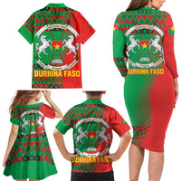 Burkina Faso Family Matching Long Sleeve Bodycon Dress and Hawaiian Shirt with Red Green Tribal Design and Bobo Dioulasso Landmark - Wonder Print Shop