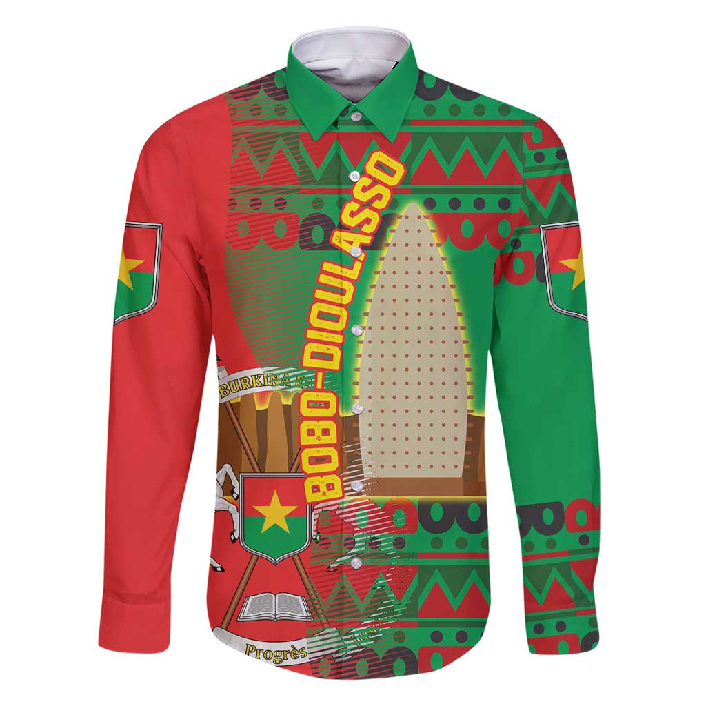 Burkina Faso Family Matching Long Sleeve Bodycon Dress and Hawaiian Shirt with Red Green Tribal Design and Bobo Dioulasso Landmark - Wonder Print Shop
