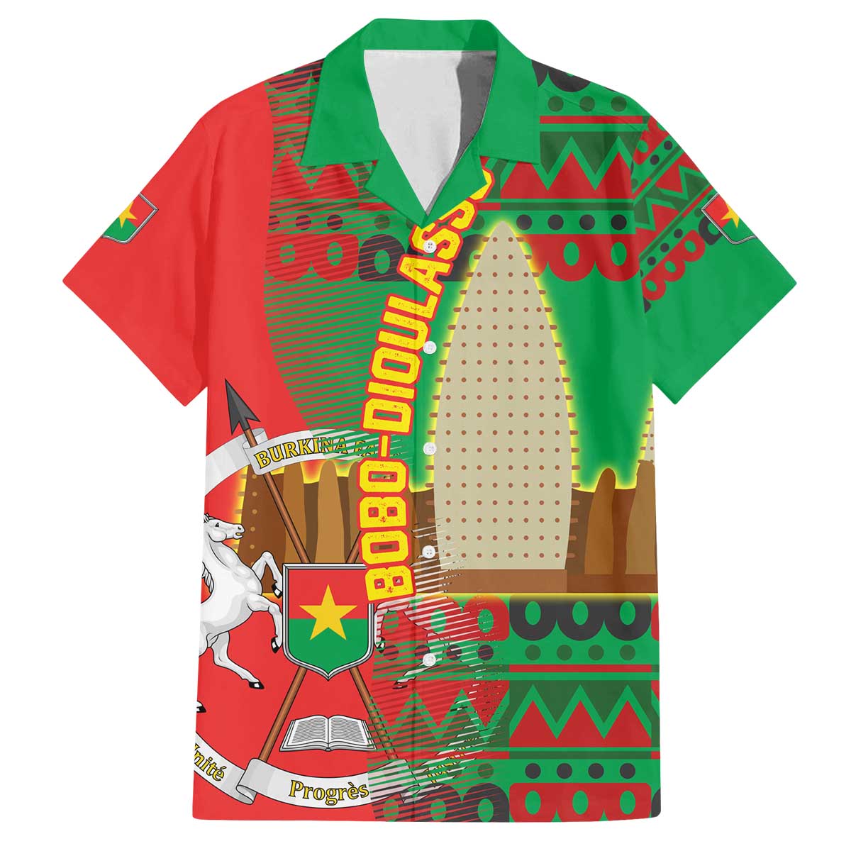 Burkina Faso Family Matching Off The Shoulder Long Sleeve Dress and Hawaiian Shirt with Red Green Tribal Design and Bobo Dioulasso Landmark - Wonder Print Shop