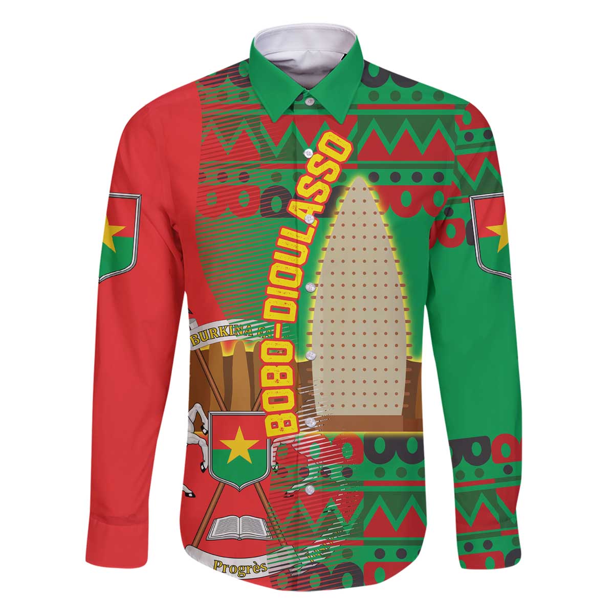 Burkina Faso Family Matching Off The Shoulder Long Sleeve Dress and Hawaiian Shirt with Red Green Tribal Design and Bobo Dioulasso Landmark - Wonder Print Shop