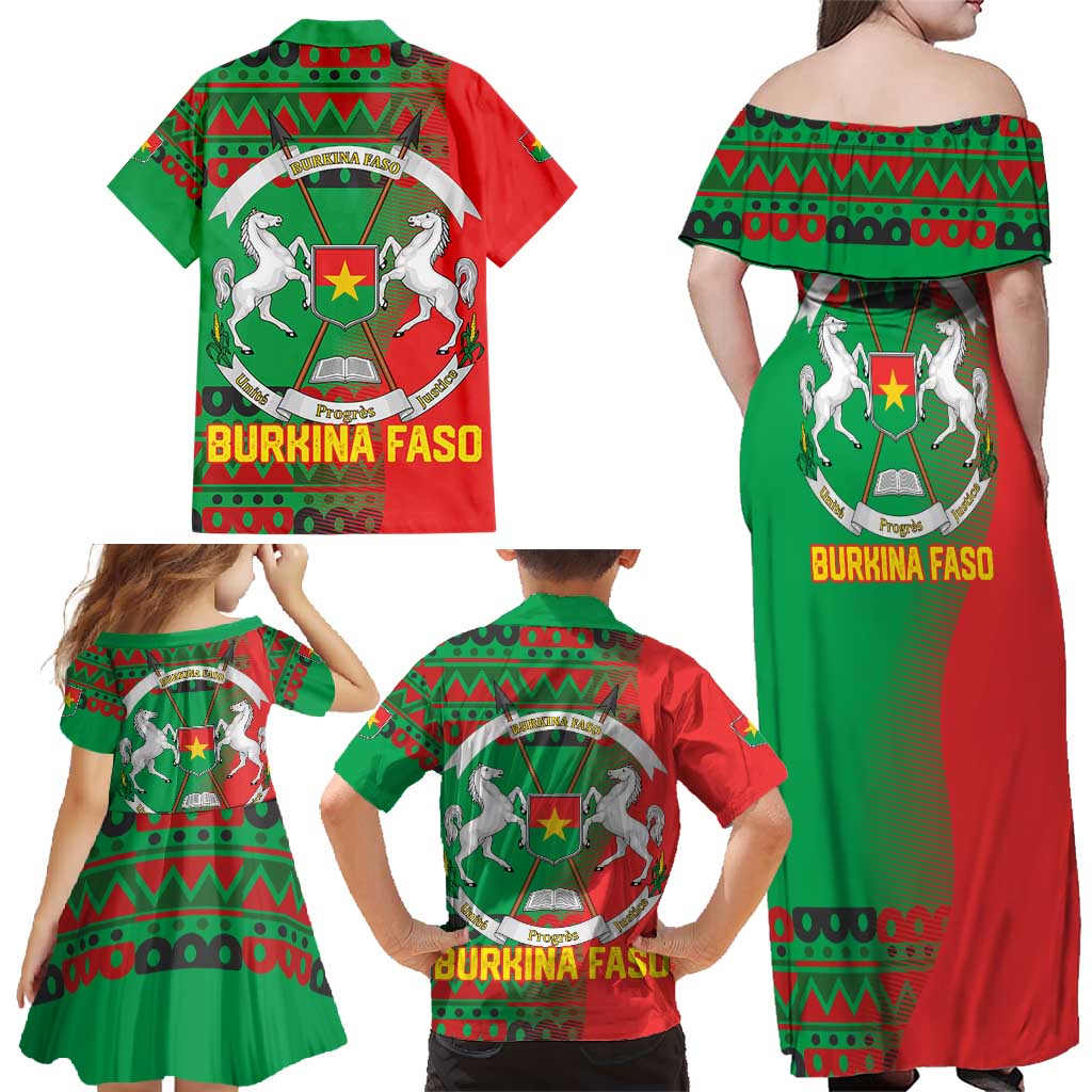 Burkina Faso Family Matching Off Shoulder Maxi Dress and Hawaiian Shirt with Red Green Tribal Design and Bobo Dioulasso Landmark - Wonder Print Shop