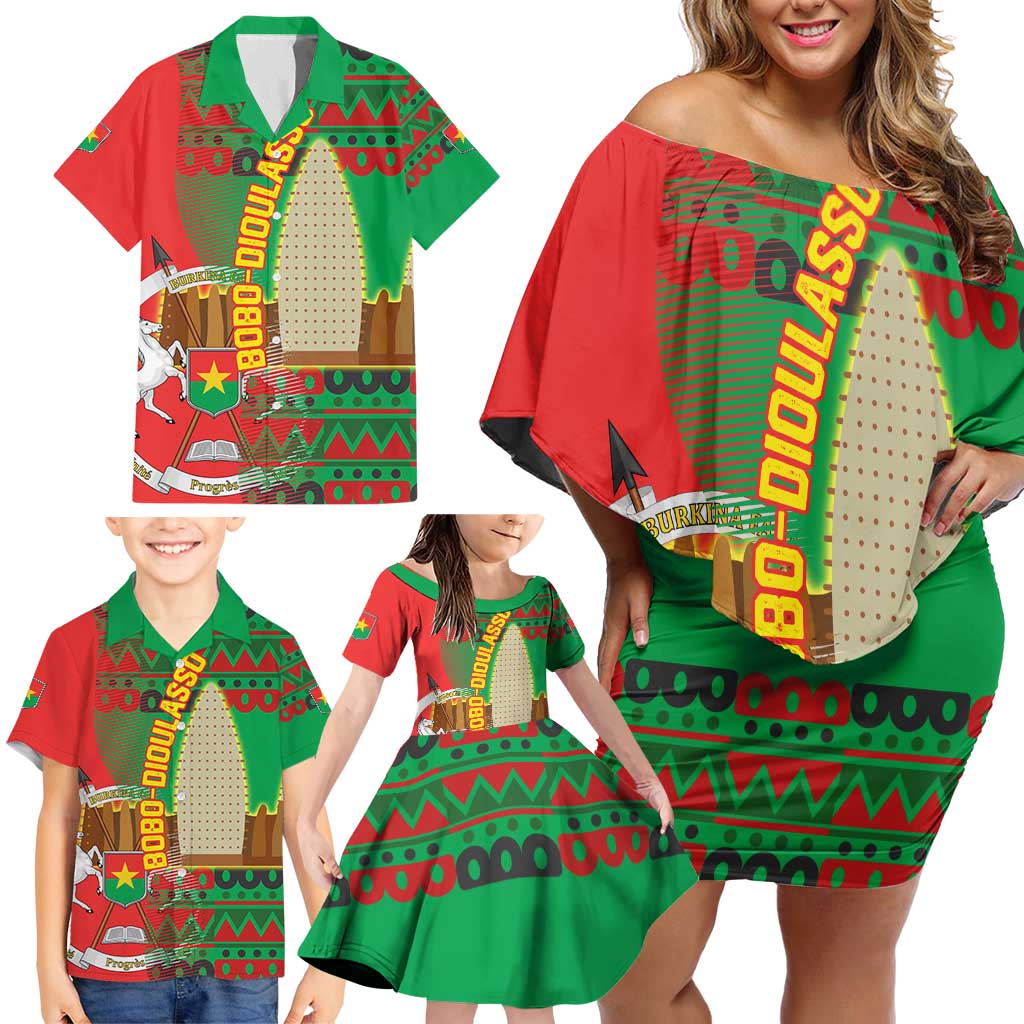 Burkina Faso Family Matching Off Shoulder Short Dress and Hawaiian Shirt with Red Green Tribal Design and Bobo Dioulasso Landmark - Wonder Print Shop