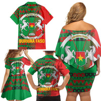 Burkina Faso Family Matching Off Shoulder Short Dress and Hawaiian Shirt with Red Green Tribal Design and Bobo Dioulasso Landmark - Wonder Print Shop