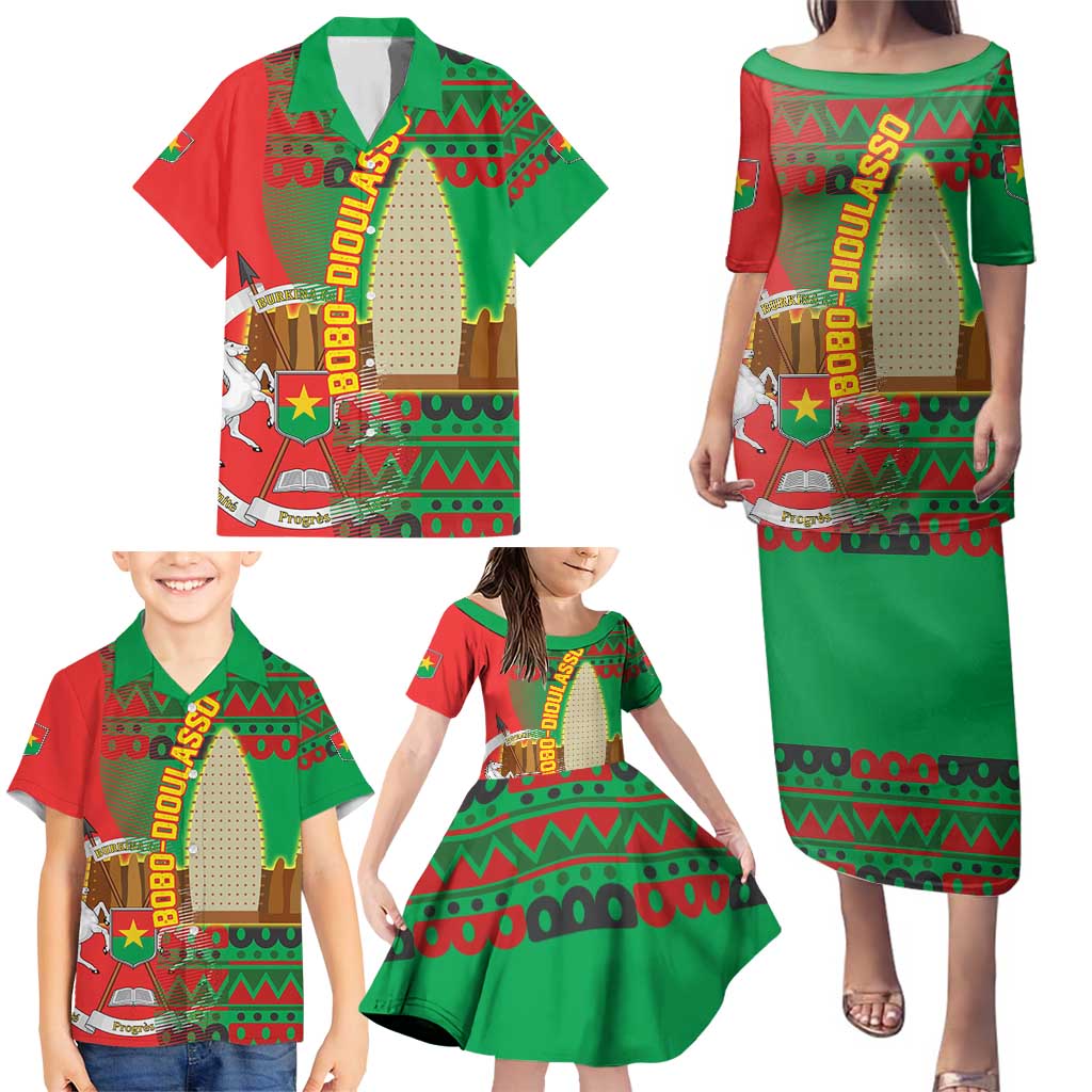 Burkina Faso Family Matching Puletasi and Hawaiian Shirt with Red Green Tribal Design and Bobo Dioulasso Landmark - Wonder Print Shop
