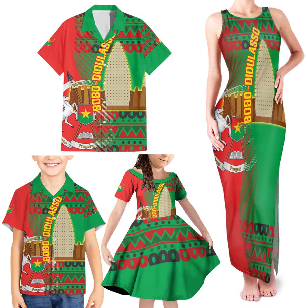 Burkina Faso Family Matching Tank Maxi Dress and Hawaiian Shirt with Red Green Tribal Design and Bobo Dioulasso Landmark - Wonder Print Shop