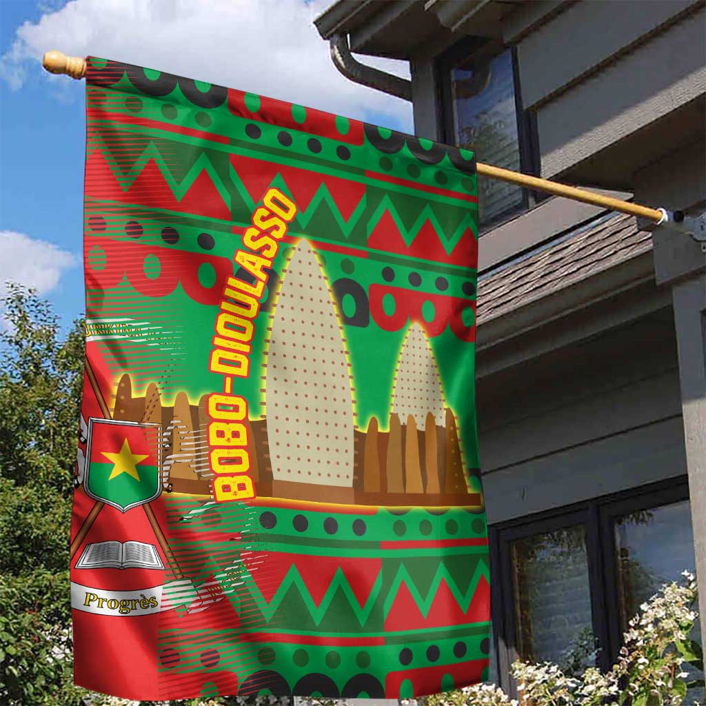 Burkina Faso Garden Flag with Red Green Tribal Design and Bobo Dioulasso Landmark - Wonder Print Shop