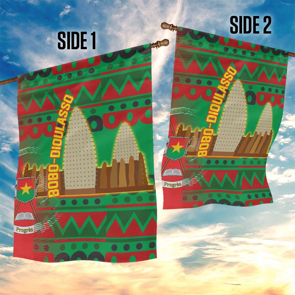 Burkina Faso Garden Flag with Red Green Tribal Design and Bobo Dioulasso Landmark - Wonder Print Shop