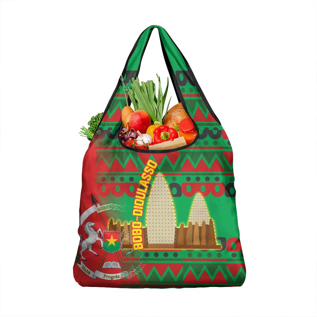 Burkina Faso Grocery Bag with Red Green Tribal Design and Bobo Dioulasso Landmark - Wonder Print Shop