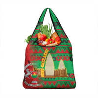 Burkina Faso Grocery Bag with Red Green Tribal Design and Bobo Dioulasso Landmark - Wonder Print Shop