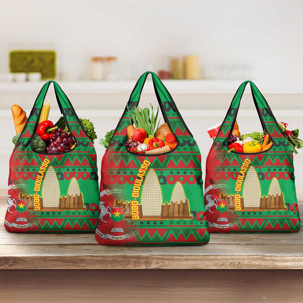 Burkina Faso Grocery Bag with Red Green Tribal Design and Bobo Dioulasso Landmark - Wonder Print Shop