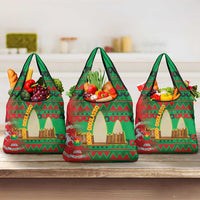 Burkina Faso Grocery Bag with Red Green Tribal Design and Bobo Dioulasso Landmark - Wonder Print Shop