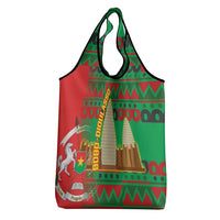 Burkina Faso Grocery Bag with Red Green Tribal Design and Bobo Dioulasso Landmark - Wonder Print Shop