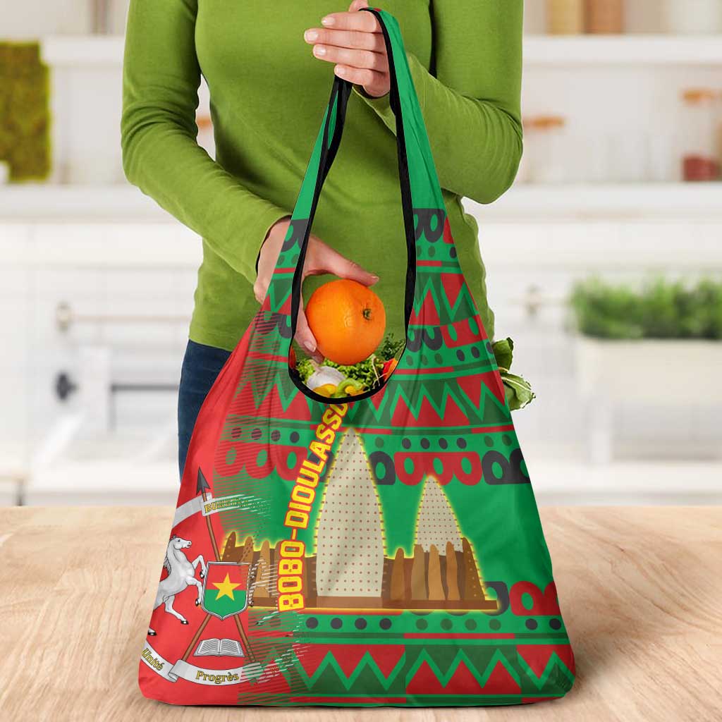 Burkina Faso Grocery Bag with Red Green Tribal Design and Bobo Dioulasso Landmark - Wonder Print Shop