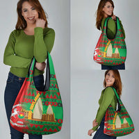 Burkina Faso Grocery Bag with Red Green Tribal Design and Bobo Dioulasso Landmark - Wonder Print Shop