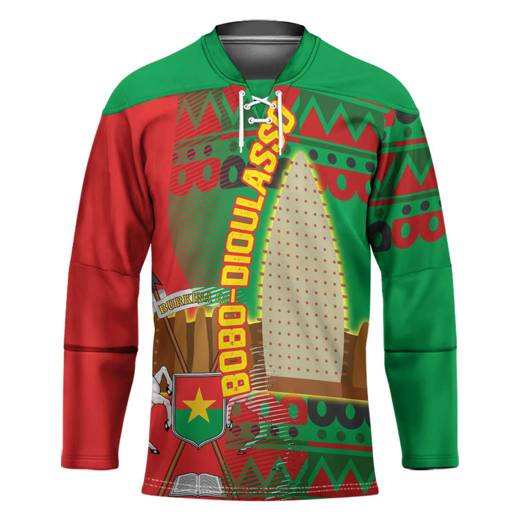 Burkina Faso Hockey Jersey with Red Green Tribal Design and Bobo Dioulasso Landmark - Wonder Print Shop