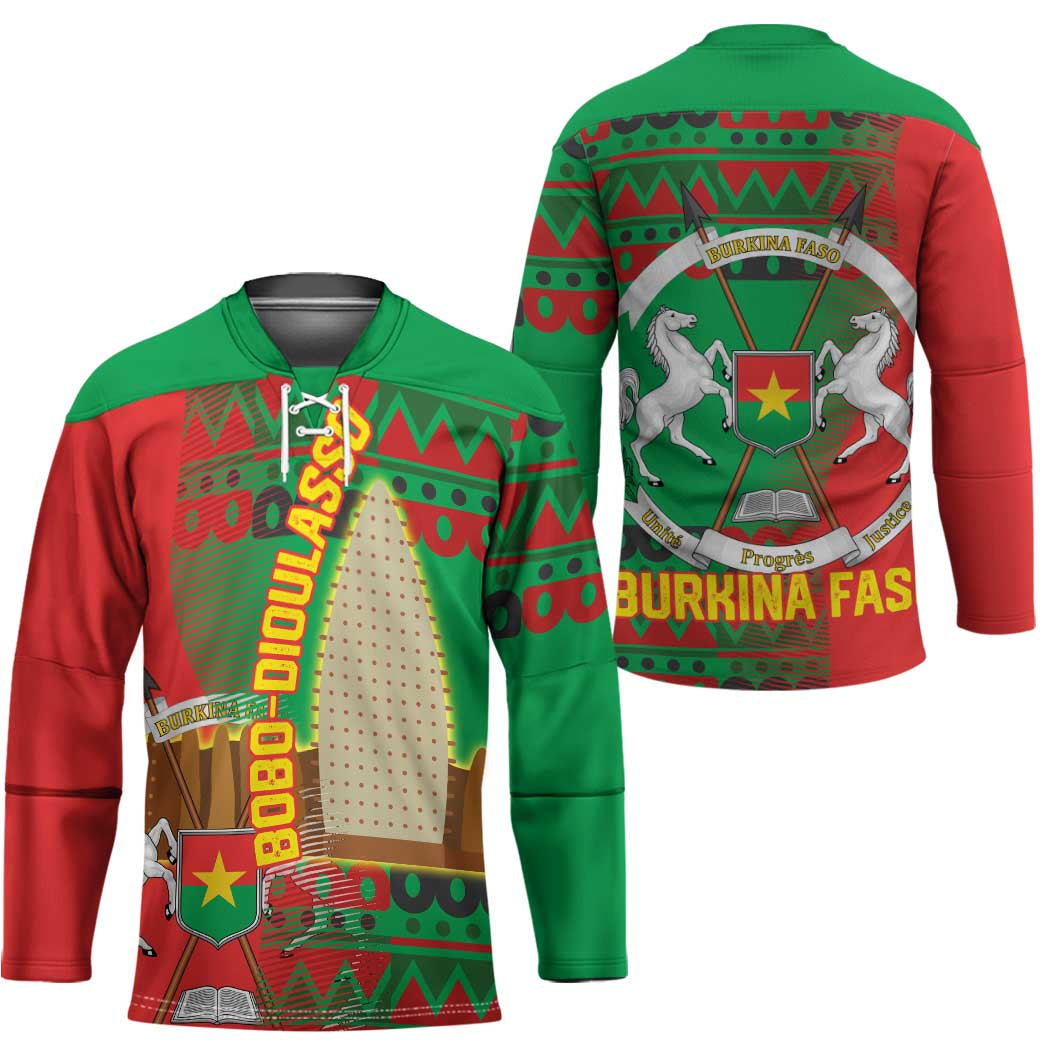 Burkina Faso Hockey Jersey with Red Green Tribal Design and Bobo Dioulasso Landmark - Wonder Print Shop