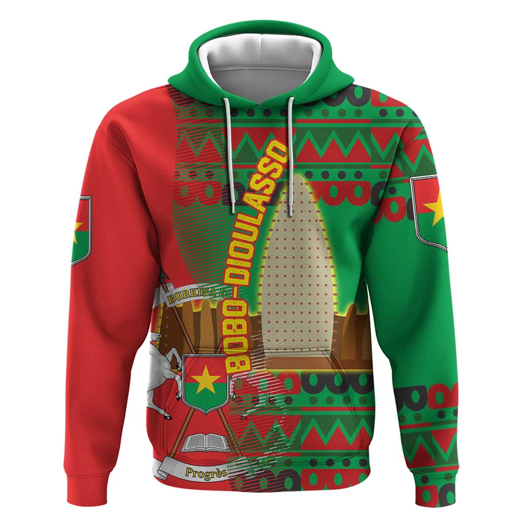 Burkina Faso Hoodie with Red Green Tribal Design and Bobo Dioulasso Landmark - Wonder Print Shop