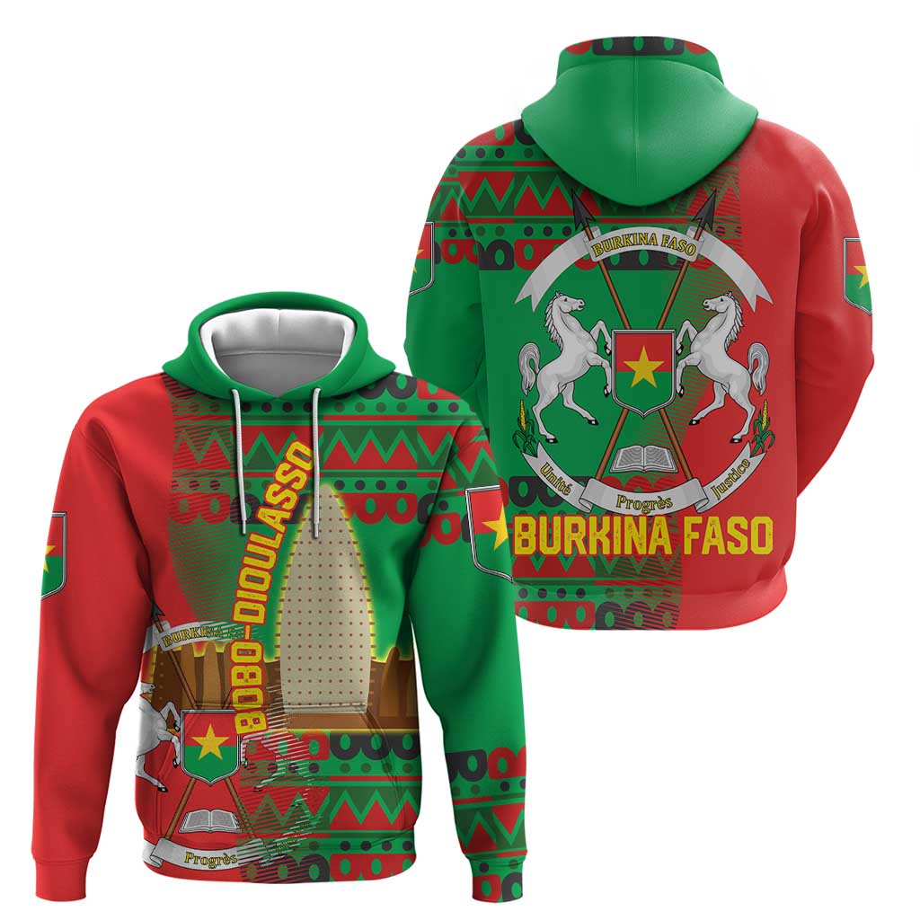 Burkina Faso Hoodie with Red Green Tribal Design and Bobo Dioulasso Landmark - Wonder Print Shop
