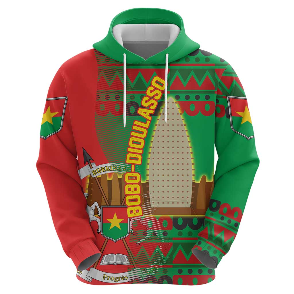 Burkina Faso Hoodie with Red Green Tribal Design and Bobo Dioulasso Landmark - Wonder Print Shop