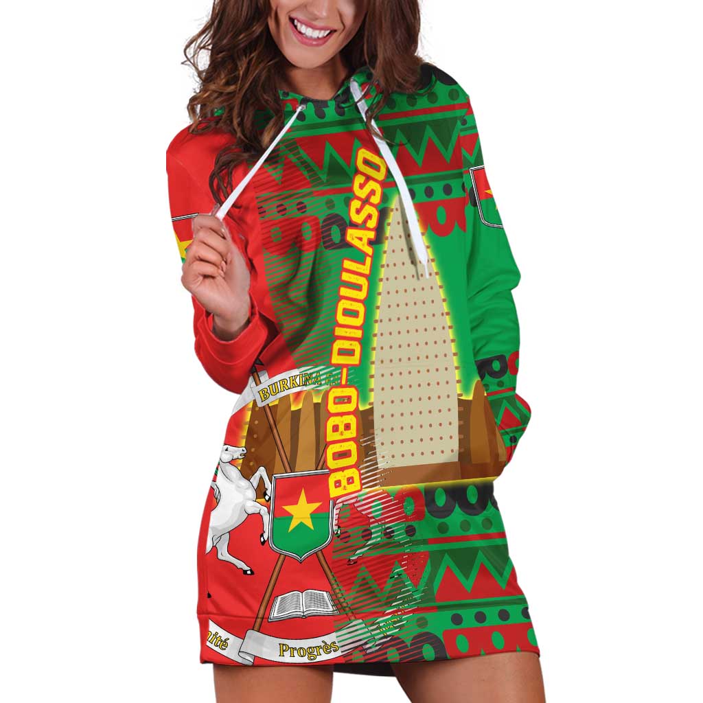 Burkina Faso Hoodie Dress with Red Green Tribal Design and Bobo Dioulasso Landmark - Wonder Print Shop