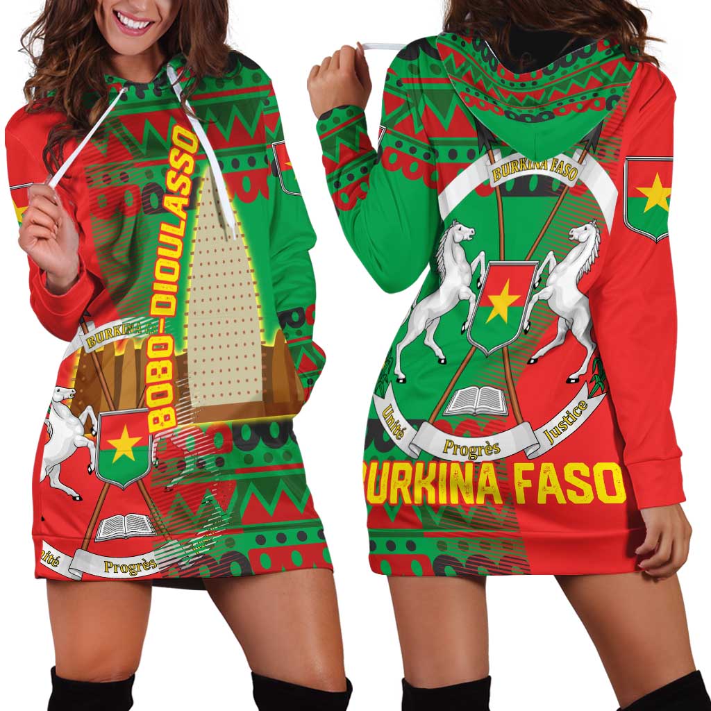 Burkina Faso Hoodie Dress with Red Green Tribal Design and Bobo Dioulasso Landmark - Wonder Print Shop