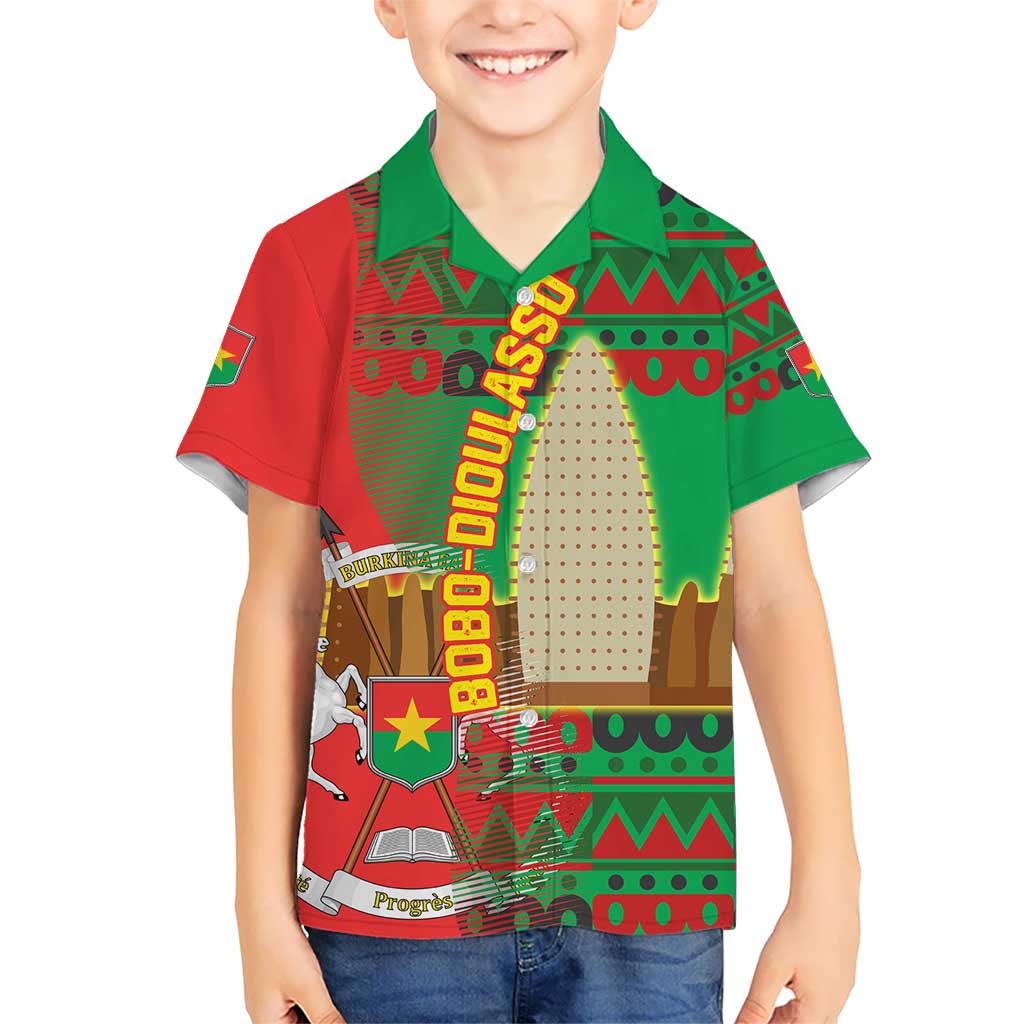 Burkina Faso Kid Hawaiian Shirt with Red Green Tribal Design and Bobo Dioulasso Landmark - Wonder Print Shop
