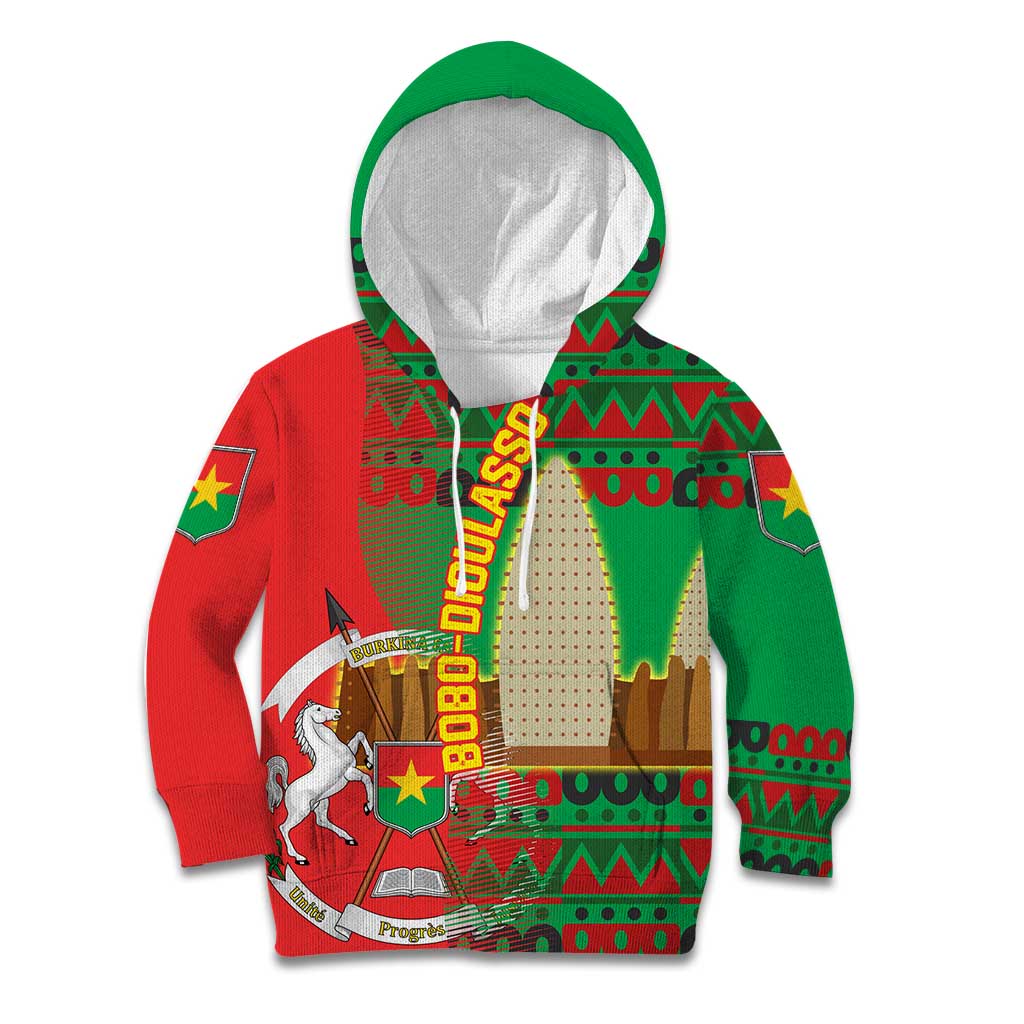 Burkina Faso Kid Hoodie with Red Green Tribal Design and Bobo Dioulasso Landmark - Wonder Print Shop
