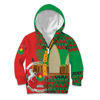 Burkina Faso Kid Hoodie with Red Green Tribal Design and Bobo Dioulasso Landmark - Wonder Print Shop