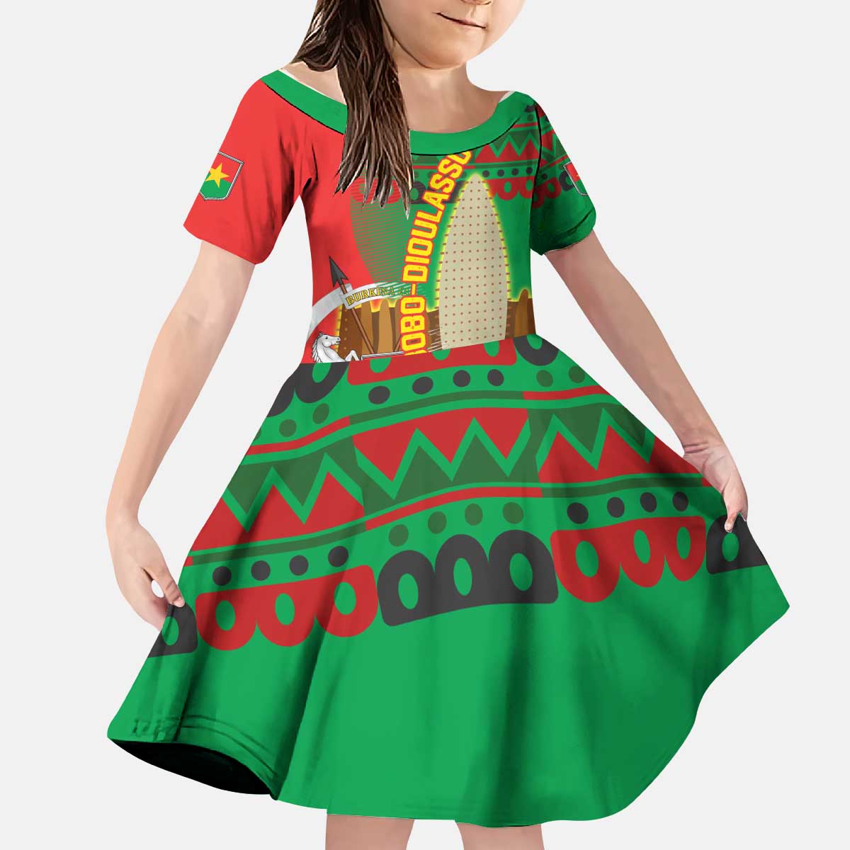 Burkina Faso Kid Short Sleeve Dress with Red Green Tribal Design and Bobo Dioulasso Landmark - Wonder Print Shop