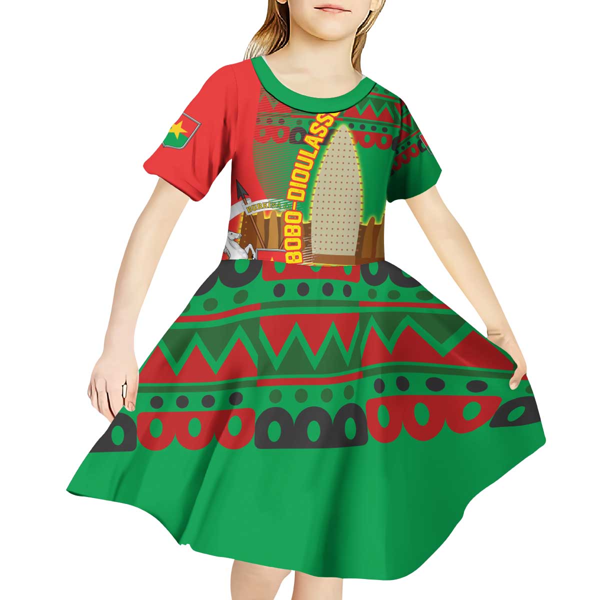 Burkina Faso Kid Short Sleeve Dress with Red Green Tribal Design and Bobo Dioulasso Landmark - Wonder Print Shop