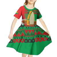 Burkina Faso Kid Short Sleeve Dress with Red Green Tribal Design and Bobo Dioulasso Landmark - Wonder Print Shop