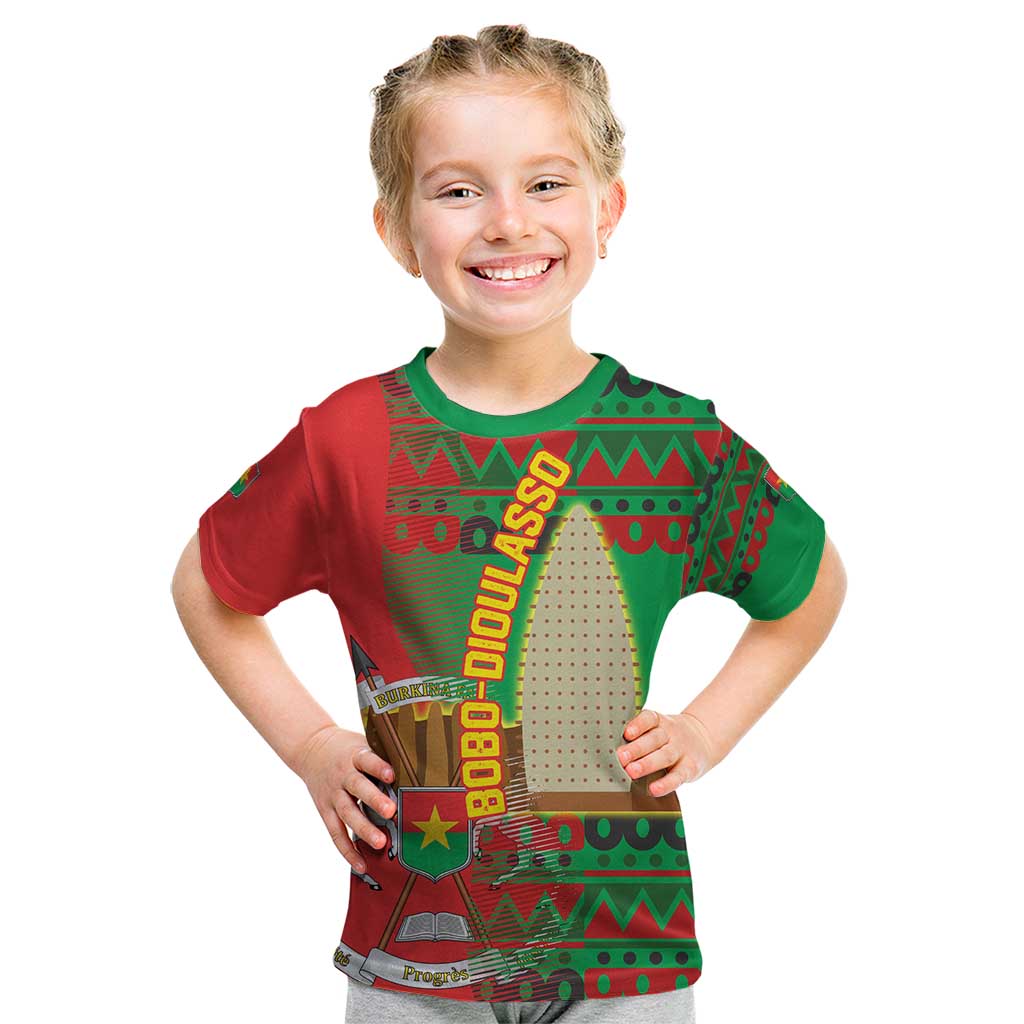 Burkina Faso Kid T Shirt with Red Green Tribal Design and Bobo Dioulasso Landmark - Wonder Print Shop