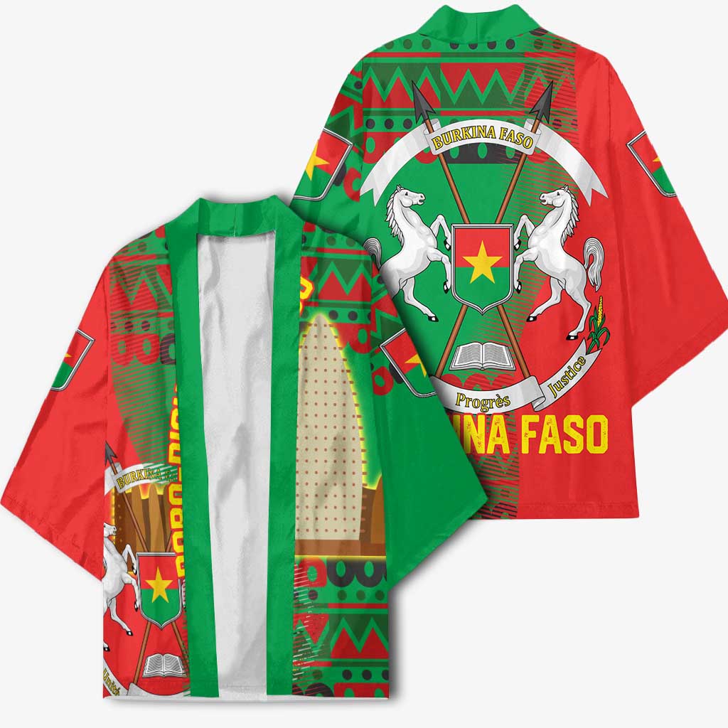 Burkina Faso Kimono with Red Green Tribal Design and Bobo Dioulasso Landmark - Wonder Print Shop